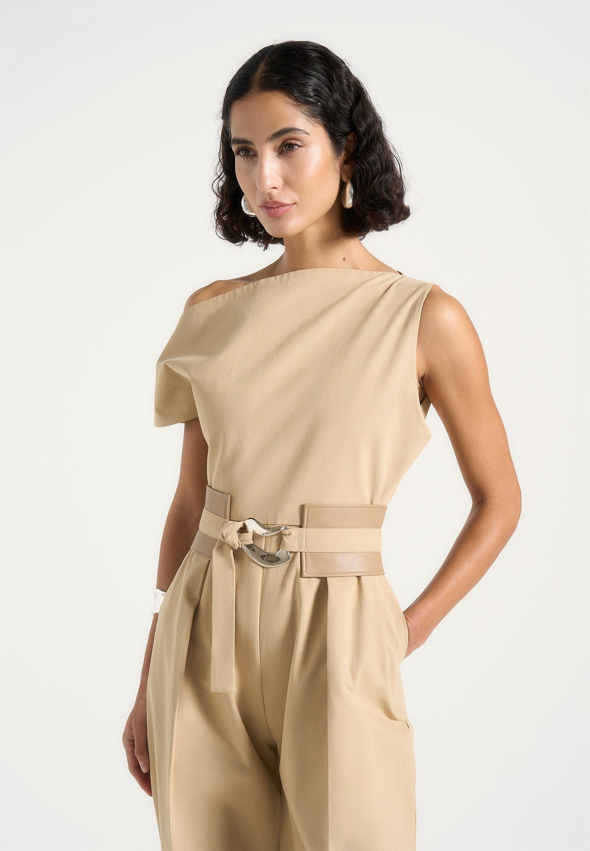 Sabrina - Tailored Off Shoulder Jumpsuit with Belt - Beige