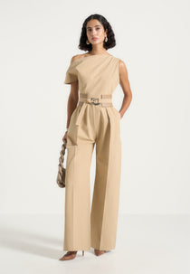 Sabrina - Tailored Off Shoulder Jumpsuit with Belt - Beige