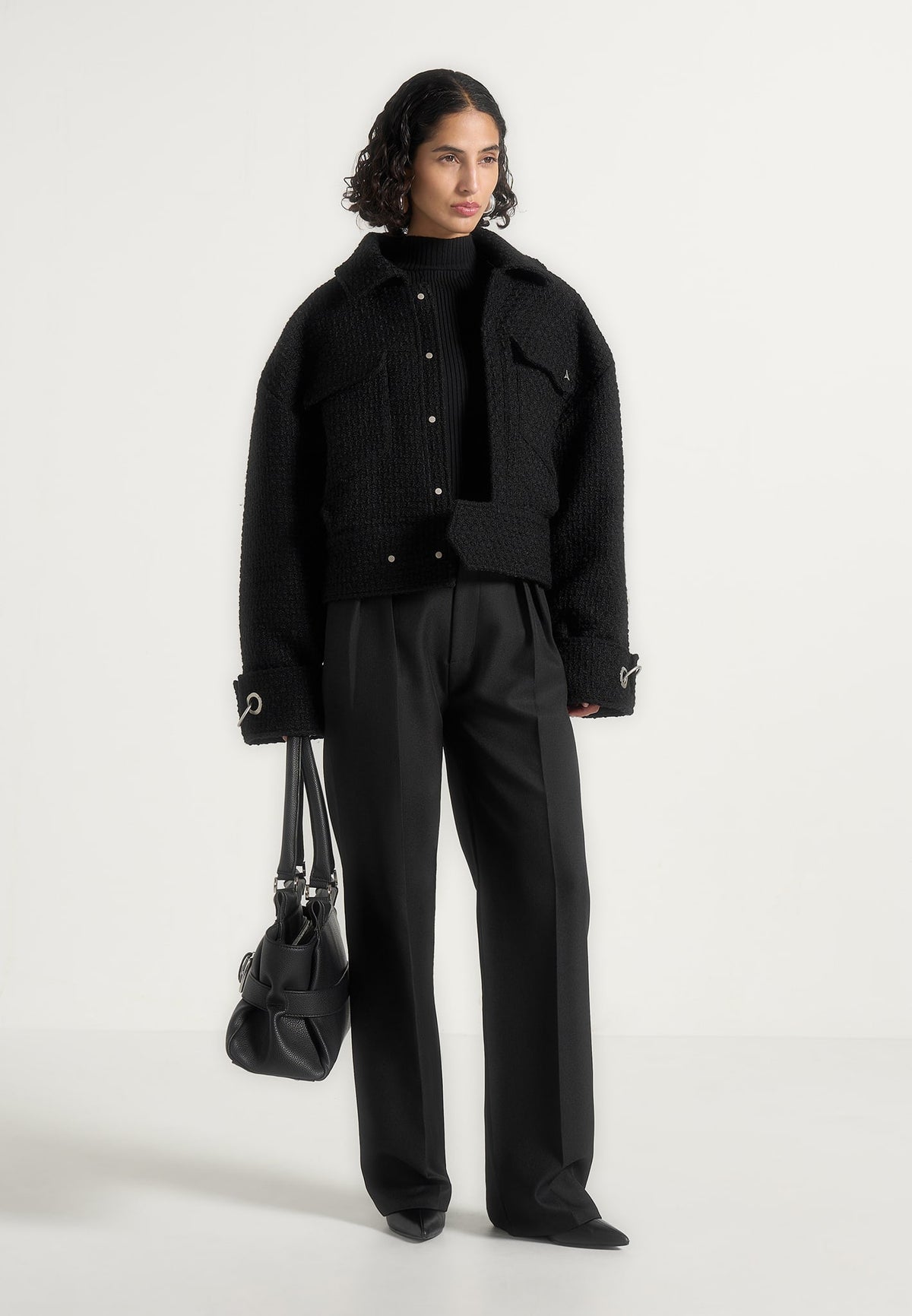 Naela - Boxy Wool-Blend Tweed Jacket With Cuff Detail - Black
