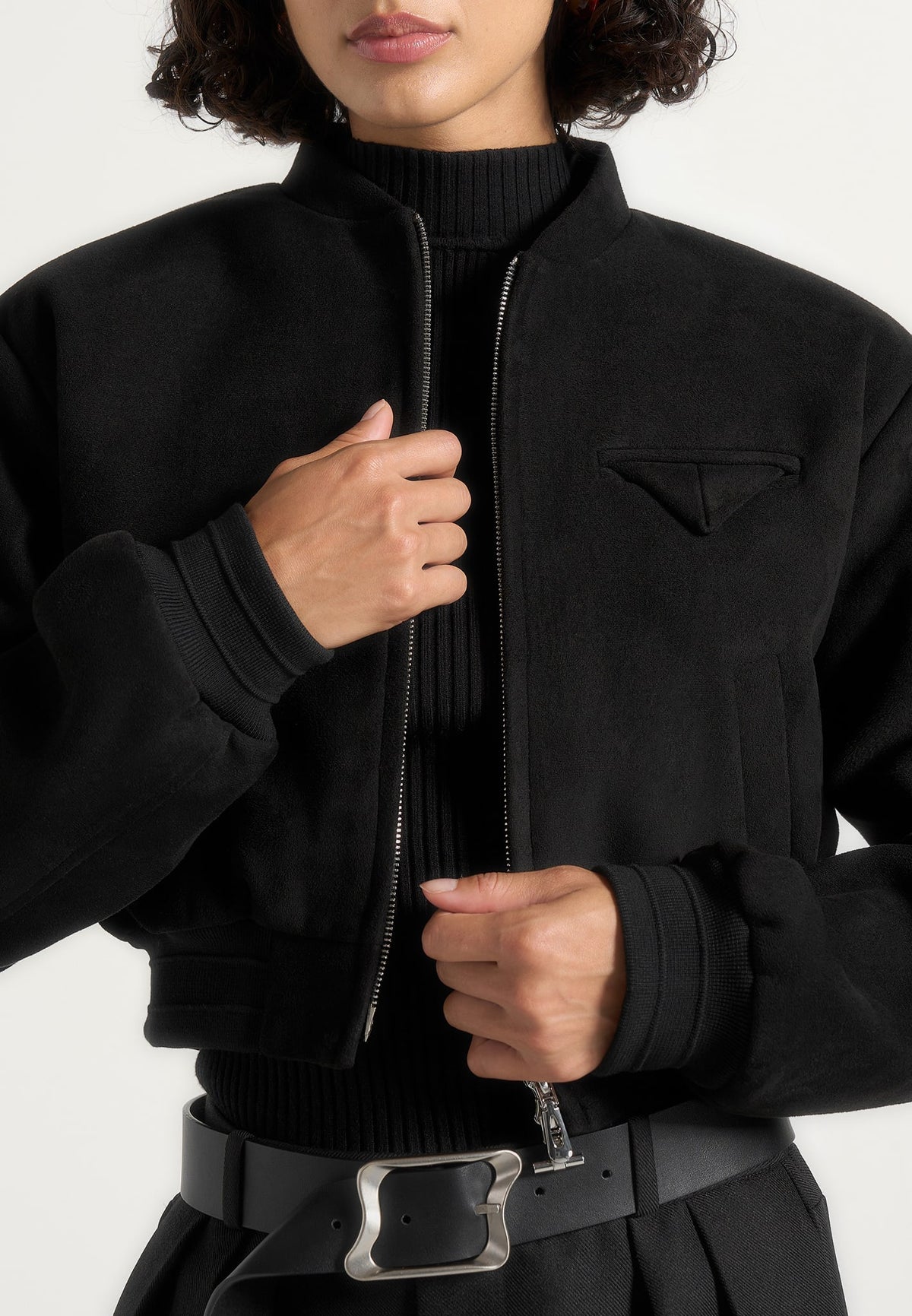 Monique - Suede Wide Shoulder Bomber Jacket - Black
