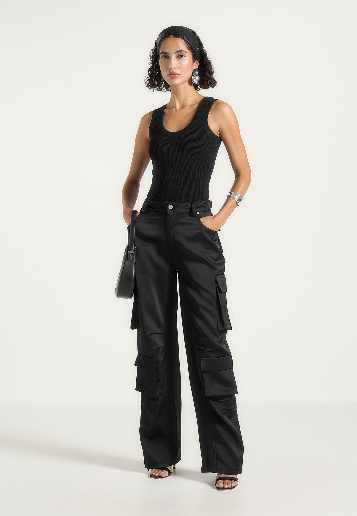 Emilie - Satin High Waisted Cargo Pants - Black