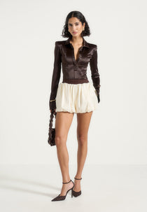 Zoe - Satin Balloon Shorts - Ivory/Brown