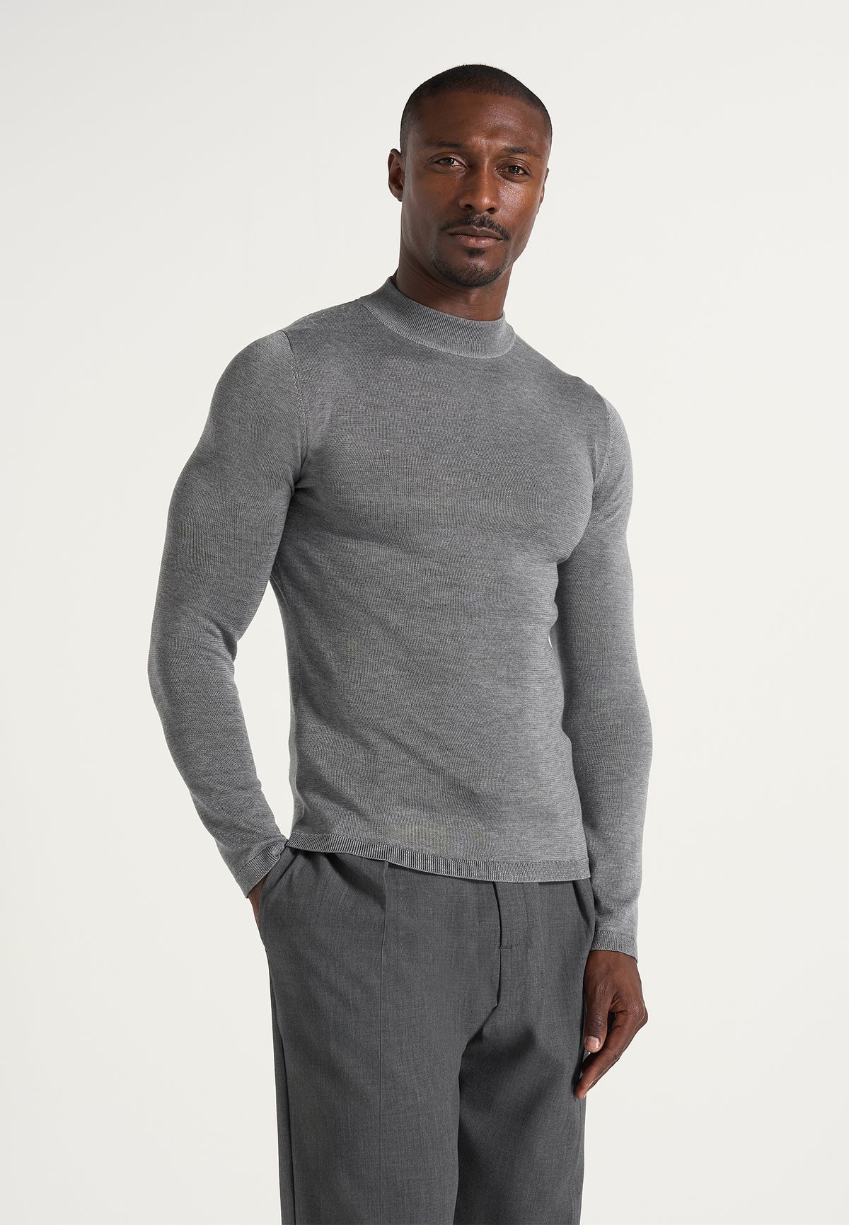 KW003 - Fitted Mock Neck Wool-Blend Sweater - Grey