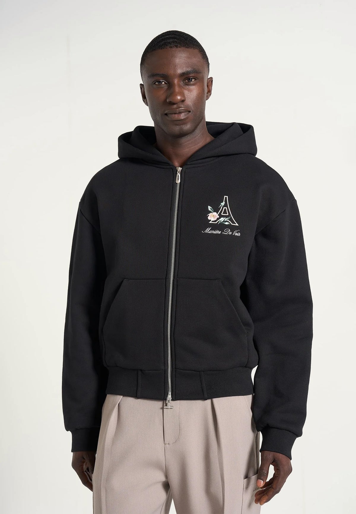 JS009 - Unisex Floral Eiffel Zip Hoodie - Black