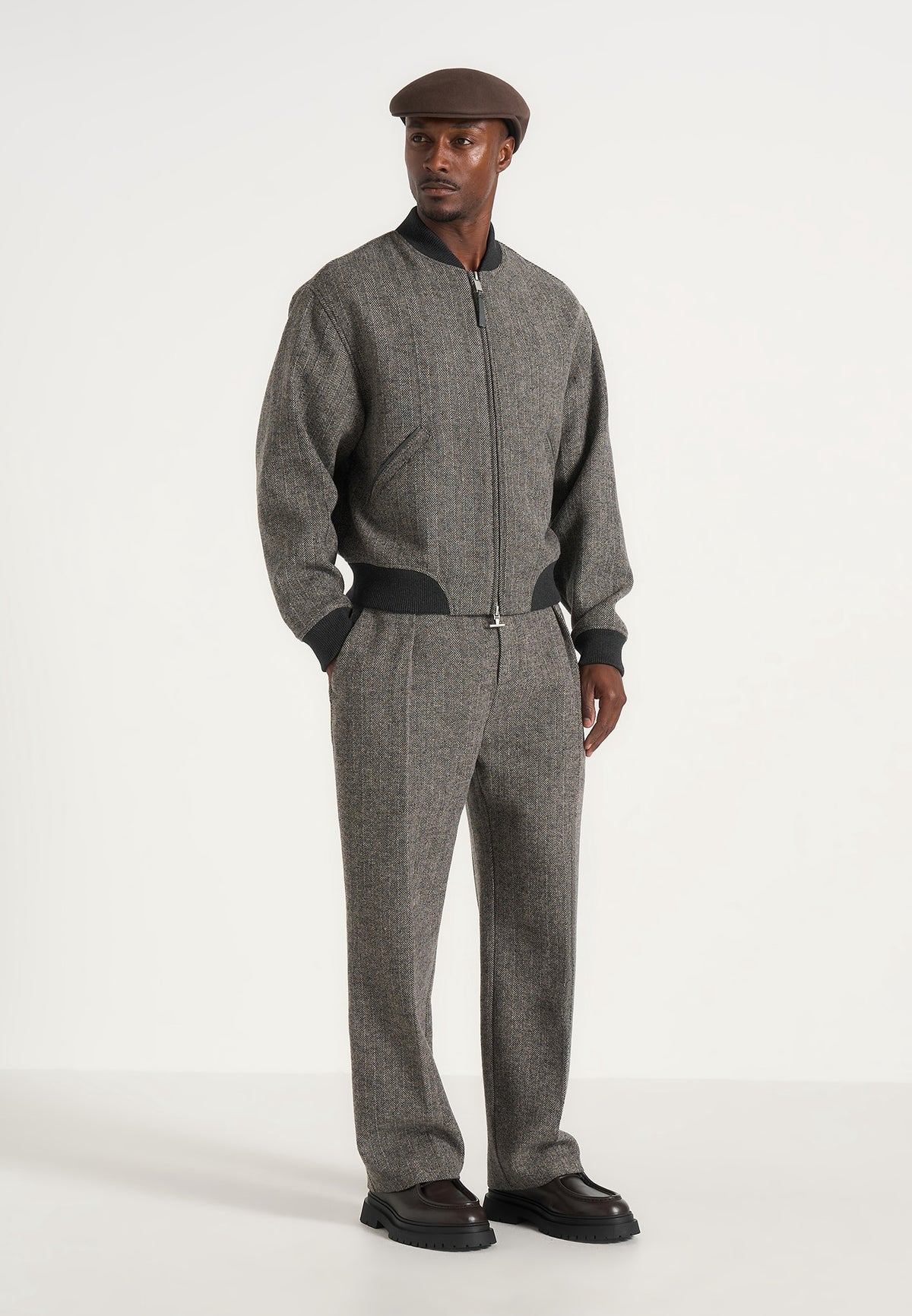 Leandro - Herringbone Wool Bomber Jacket - Grey