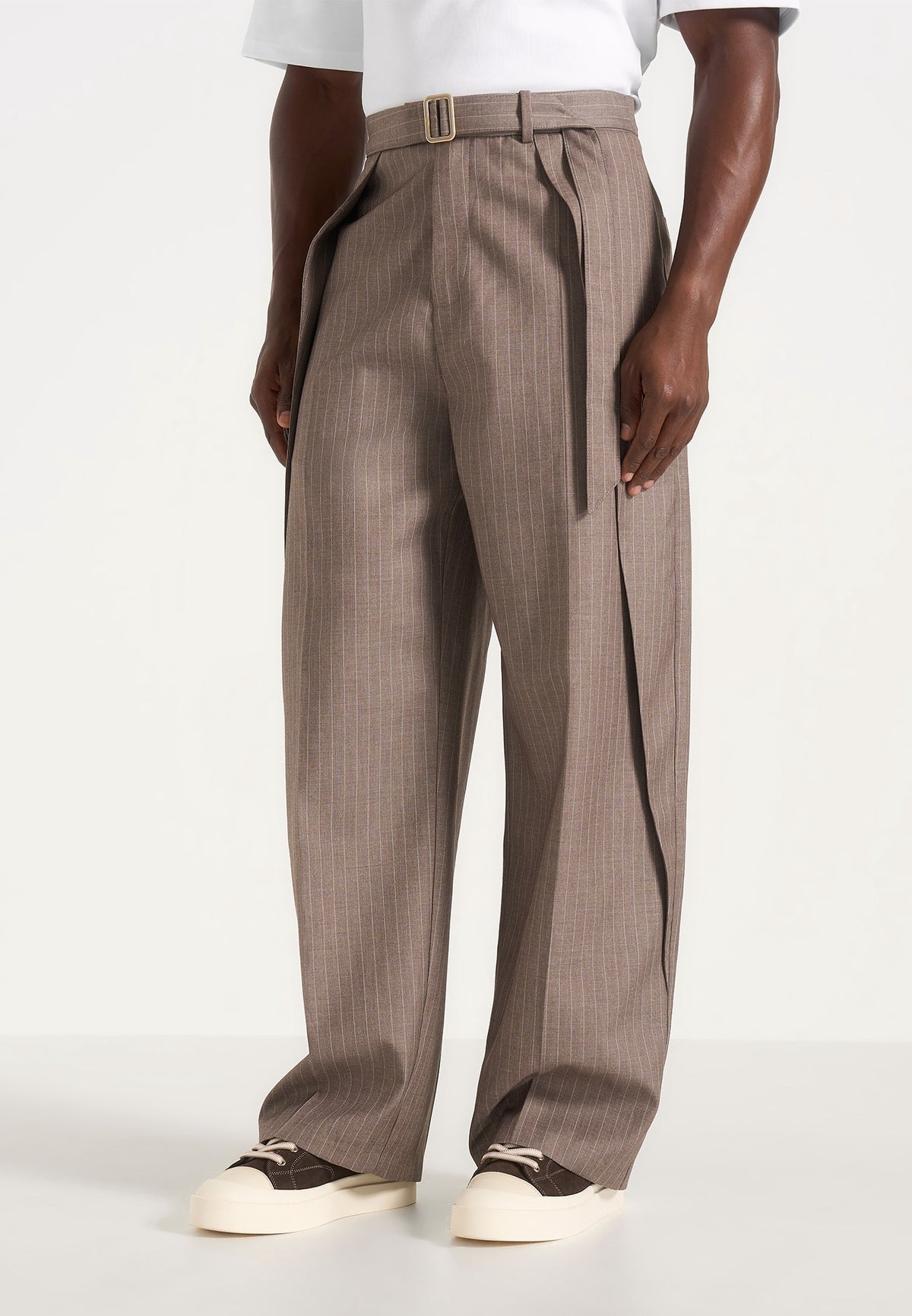 Charles - Wide Fit Wrap Leg Pinstripe Dress Pants - Taupe
