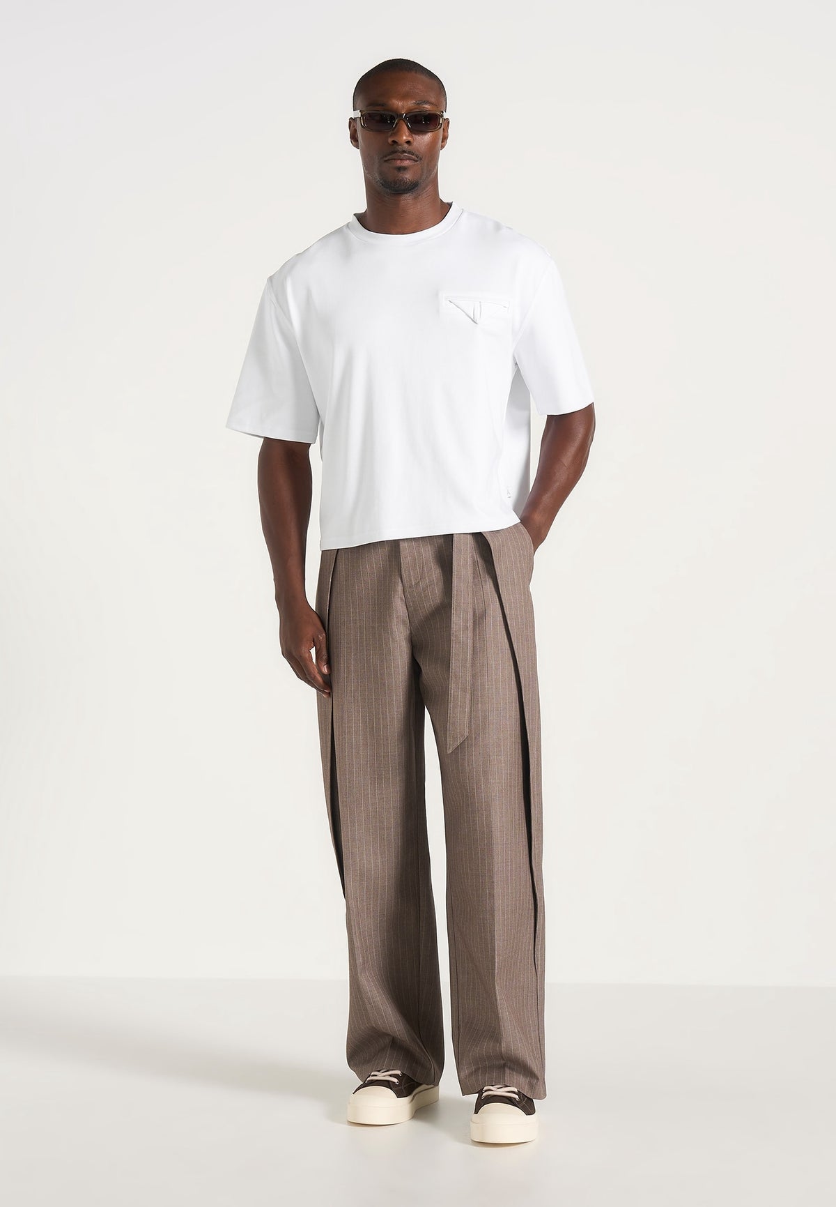 Charles - Wide Fit Wrap Leg Pinstripe Dress Pants - Taupe