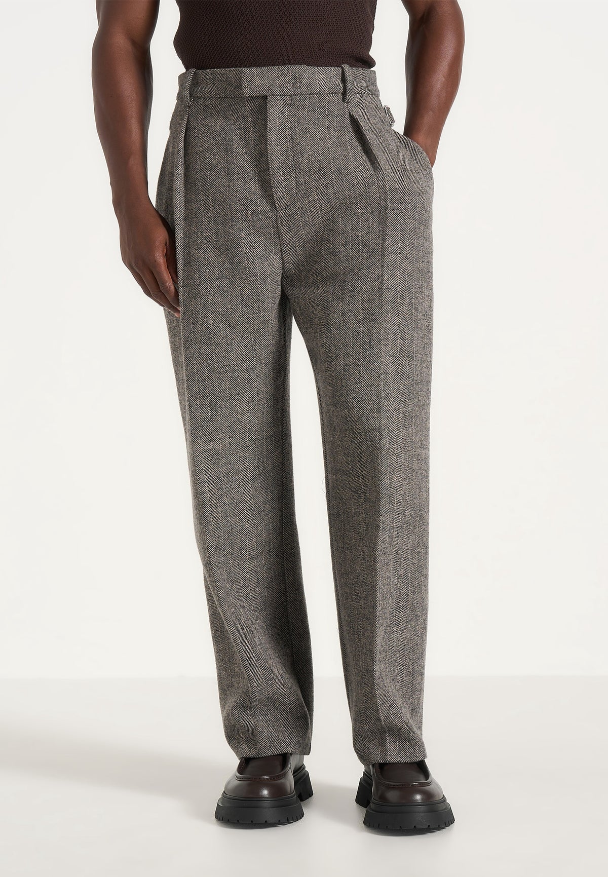 Dorian - Herringbone Wool Pleated Pants - Grey