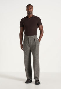 Dorian - Herringbone Wool Pleated Pants - Grey