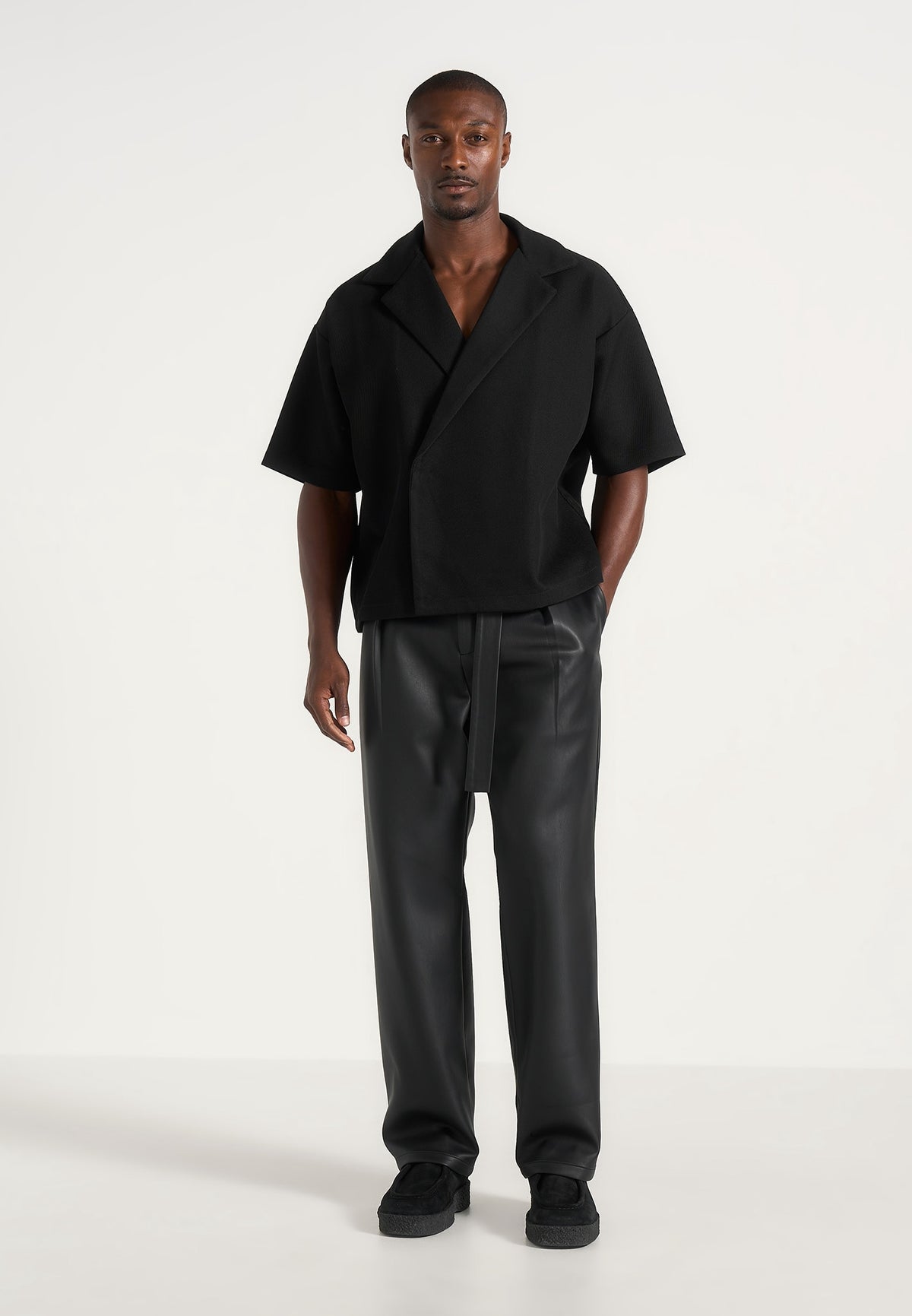 Serge - Relaxed Fit Leather Pleated Pants - Black