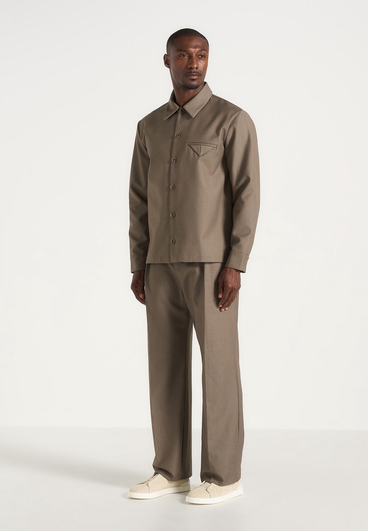 Leo - Hatched Tailored Long Sleeve Overshirt - Khaki