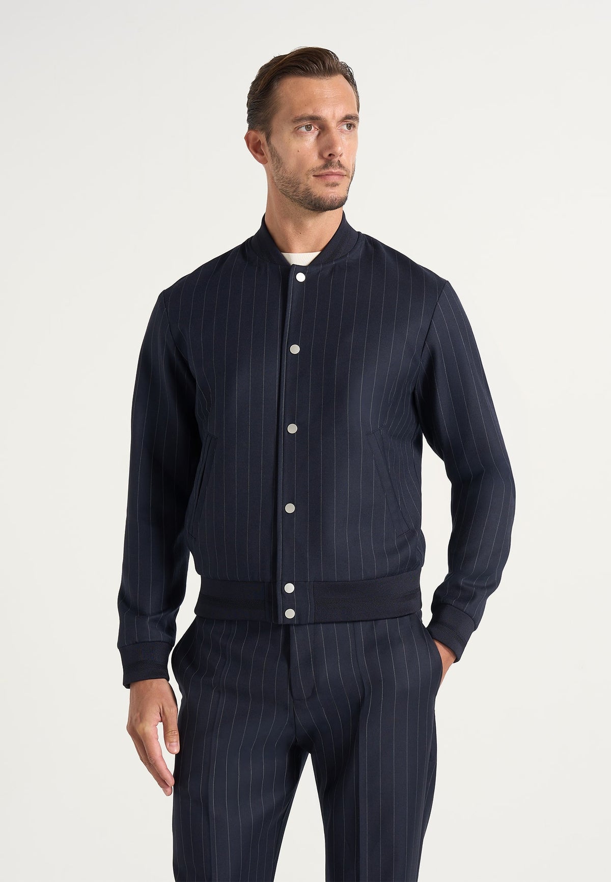 Savin - Pinstripe Wool-Blend Bomber Jacket - Navy