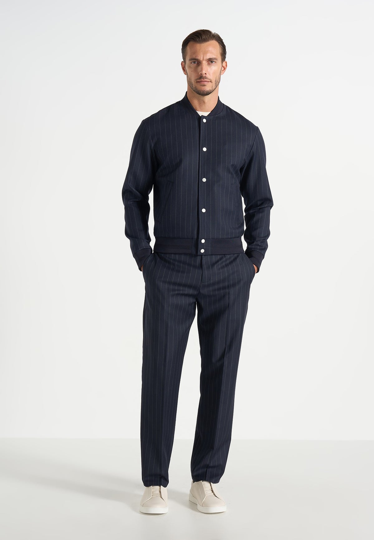Savin - Pinstripe Wool-Blend Bomber Jacket - Navy