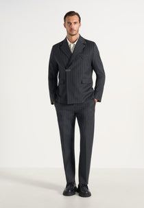 Gaston - Double Breasted Clasp Detail Wool-Blend Pinstripe Suit Blazer - Dark Grey