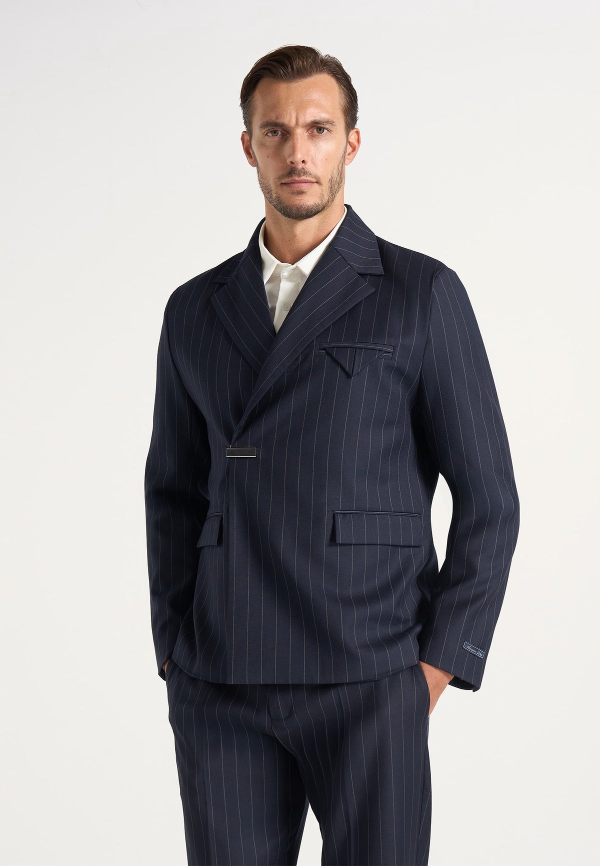 Gaston - Double Breasted Clasp Detail Wool-Blend Pinstripe Suit Blazer - Navy