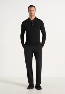 PL002 - Luxe Knitted Long Sleeve Polo Top - Black