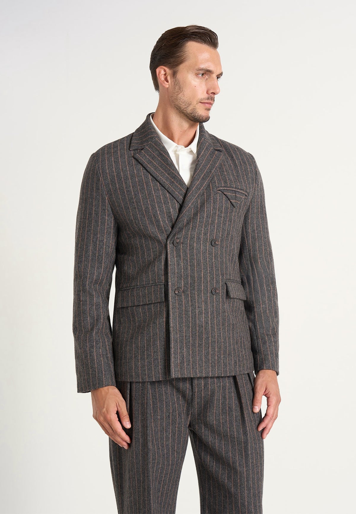 Didier - Double Breasted Wool Pinstripe Suit Blazer - Grey