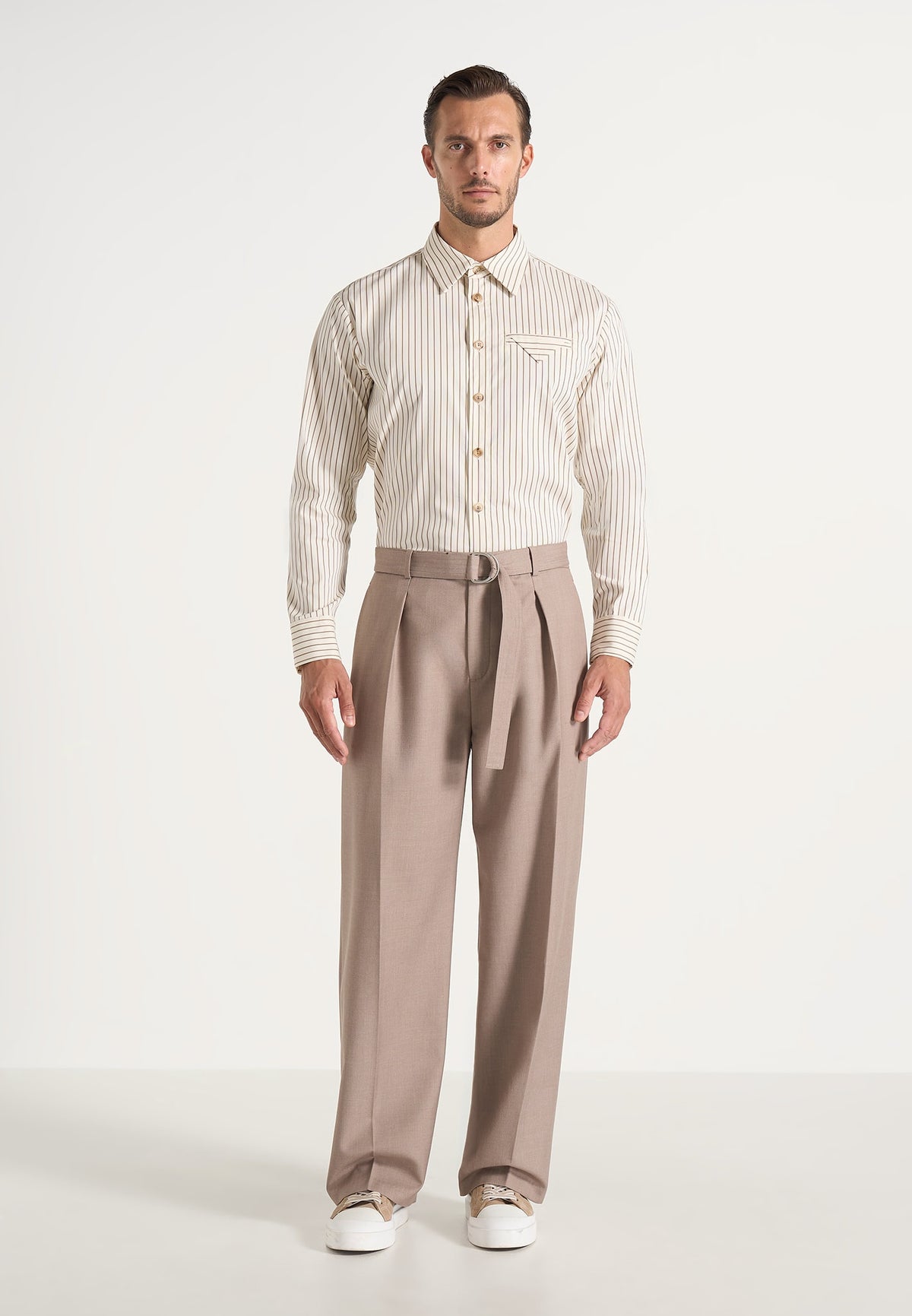 Loic - Wide Leg Dress Pants With Belt - Taupe