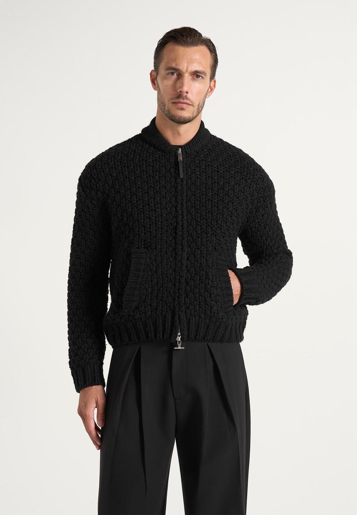 Darel - Wool-Blend Knit Bomber Jacket - Black