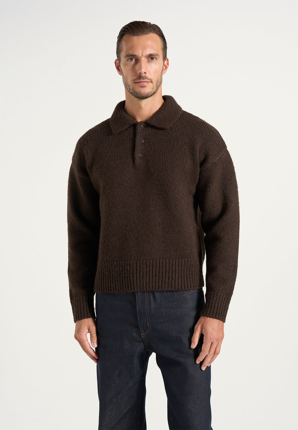 Finn - Brushed Wool-Blend Polo Knit Sweater - Brown
