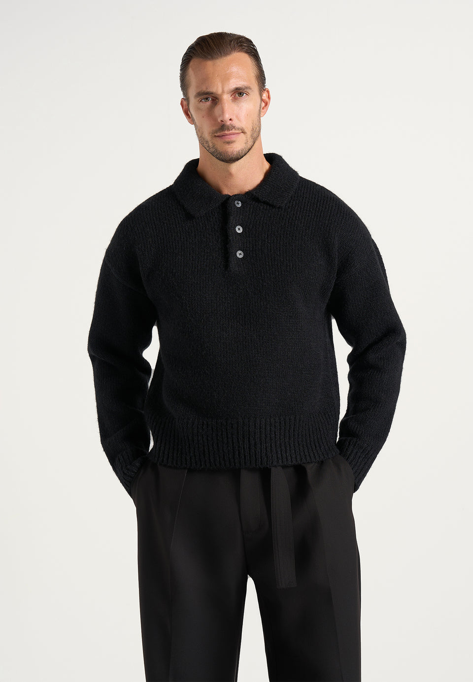 Finn - Brushed Wool-Blend Polo Knit Sweater - Black