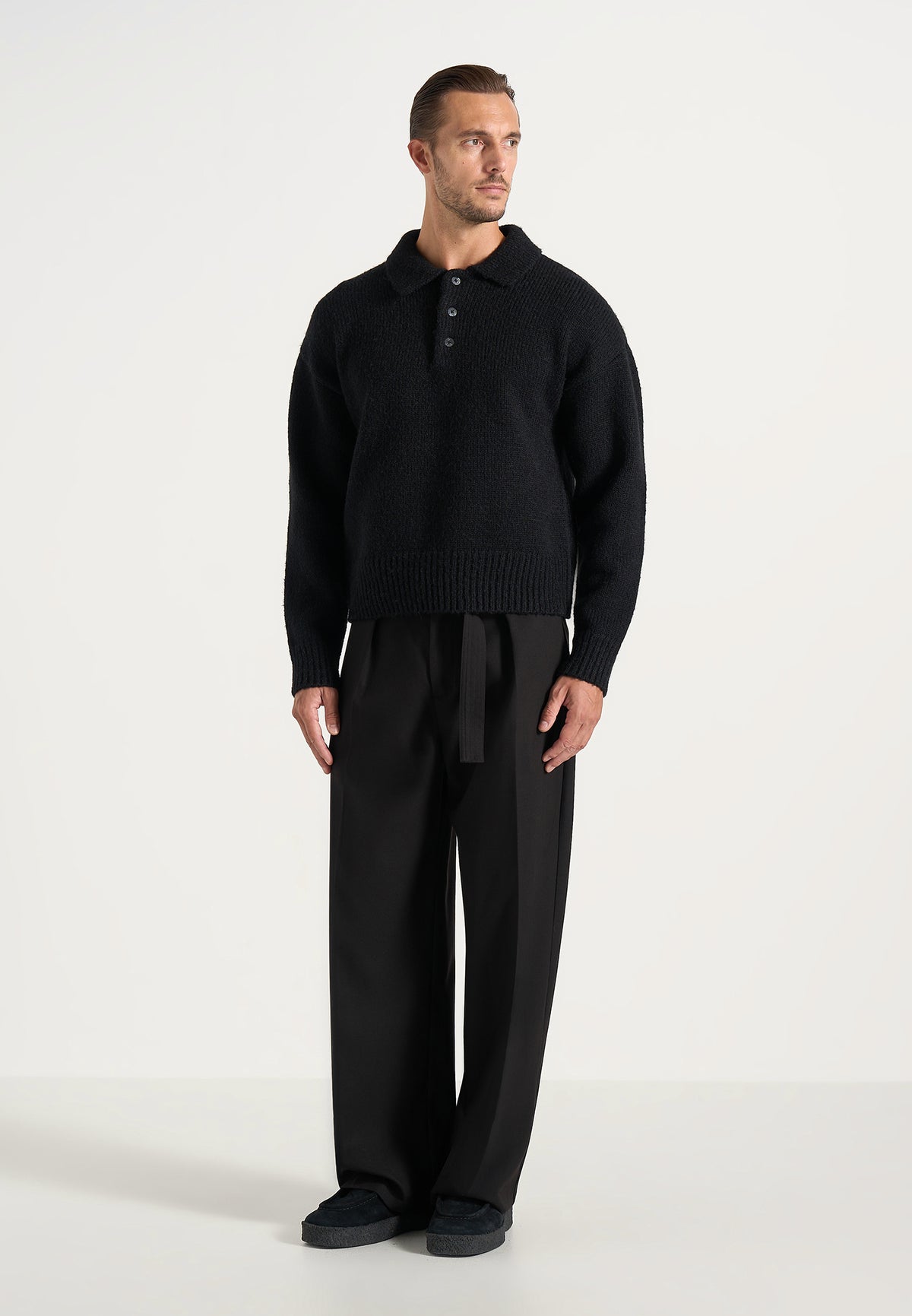 Finn - Brushed Wool-Blend Polo Knit Sweater - Black