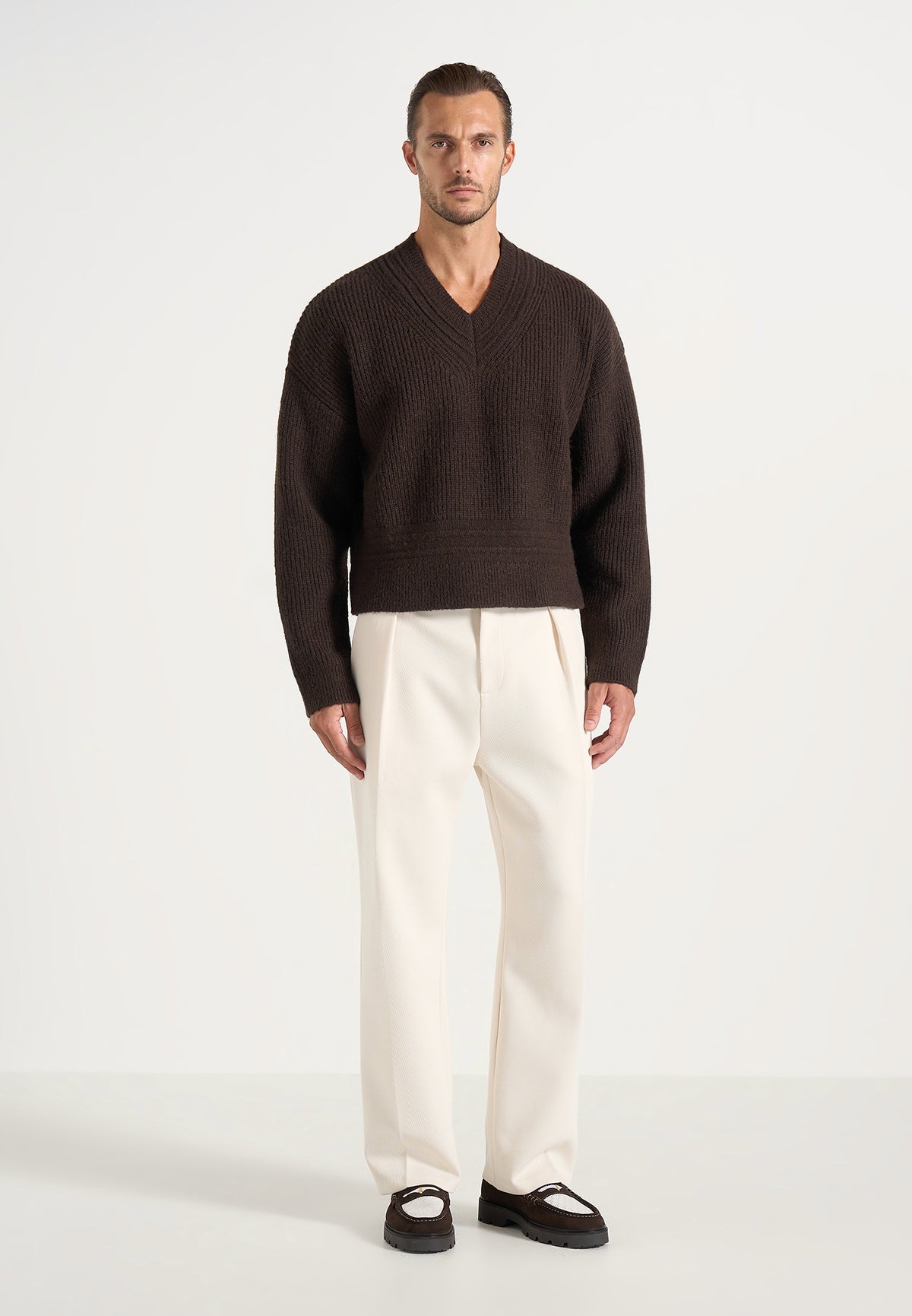 Remi - Signature Ribbed Wool-Blend V-Neck Sweater - Dark Brown