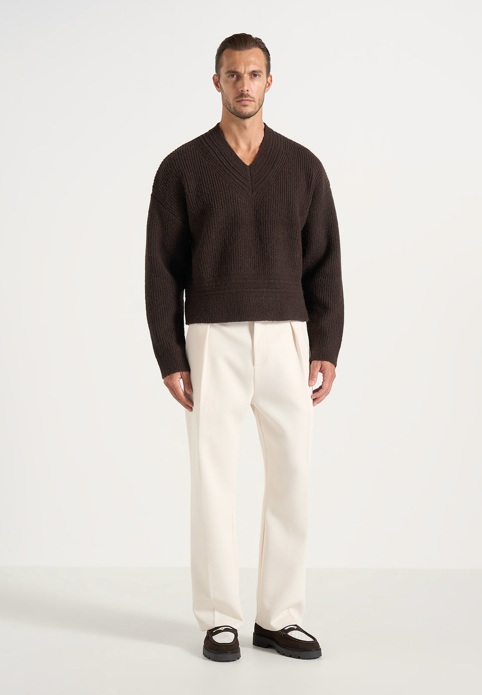 Remi - Signature Ribbed Wool-Blend V-Neck Sweater - Dark Brown