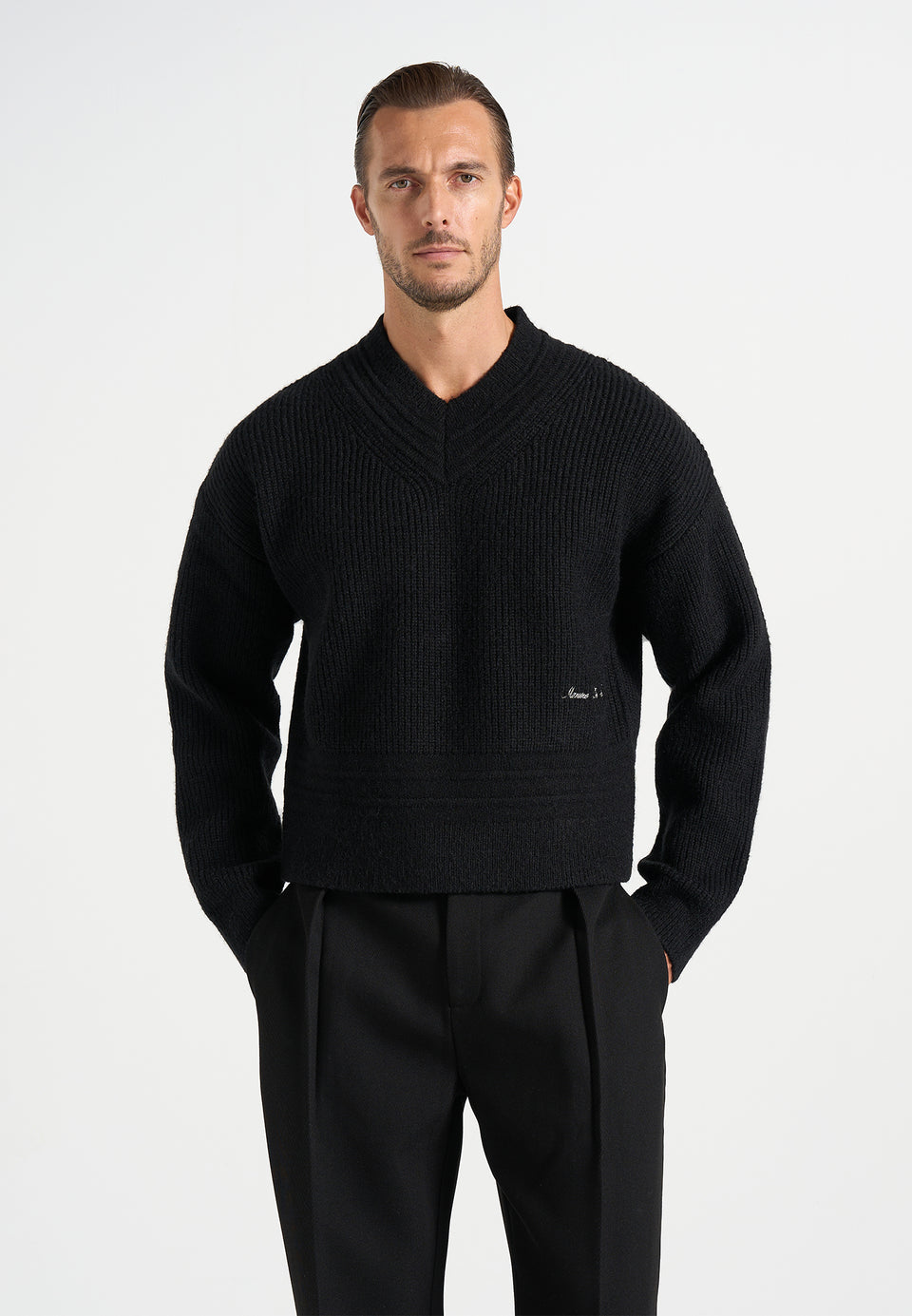 Remi - Signature Ribbed Wool-Blend V-Neck Sweater - Black