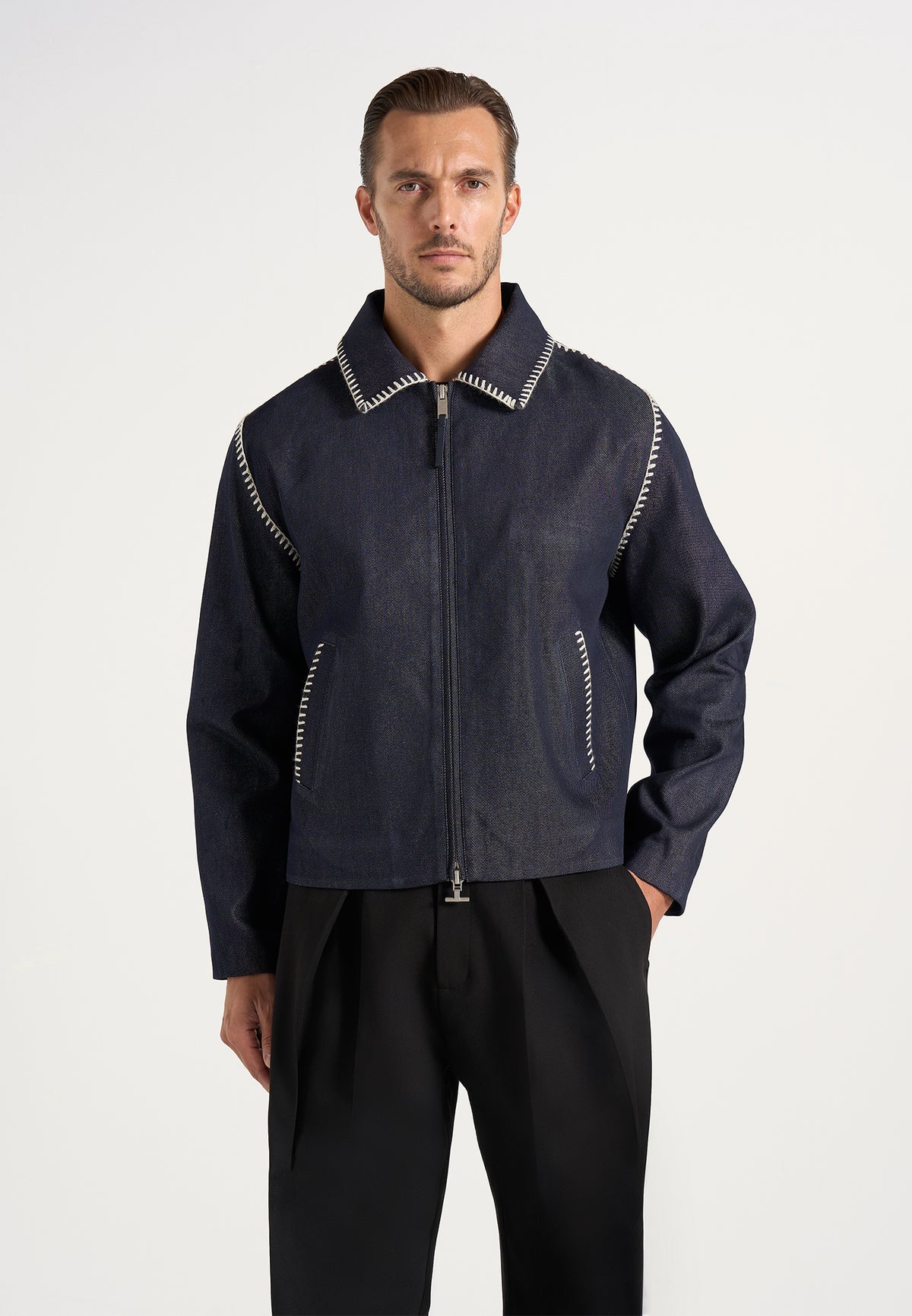 Alex - Whipstitch Boxy Denim Jacket - Indigo