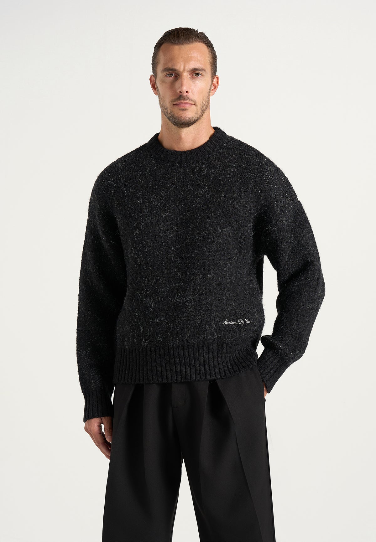 Kamil - Art Slogan Speckled Brushed Wool-Blend Knit Sweater - Black