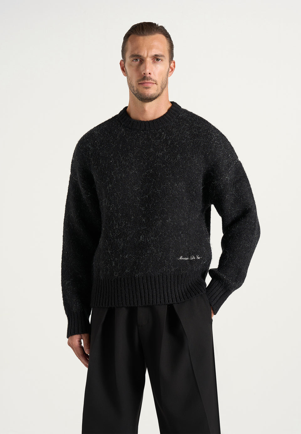 Kamil - Art Slogan Speckled Brushed Wool-Blend Knit Sweater - Black