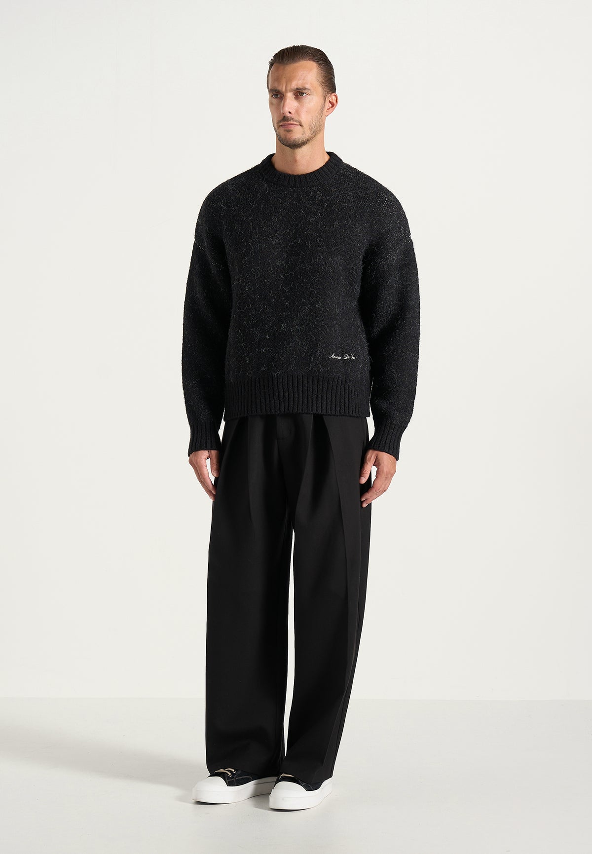 Kamil - Art Slogan Speckled Brushed Wool-Blend Knit Sweater - Black