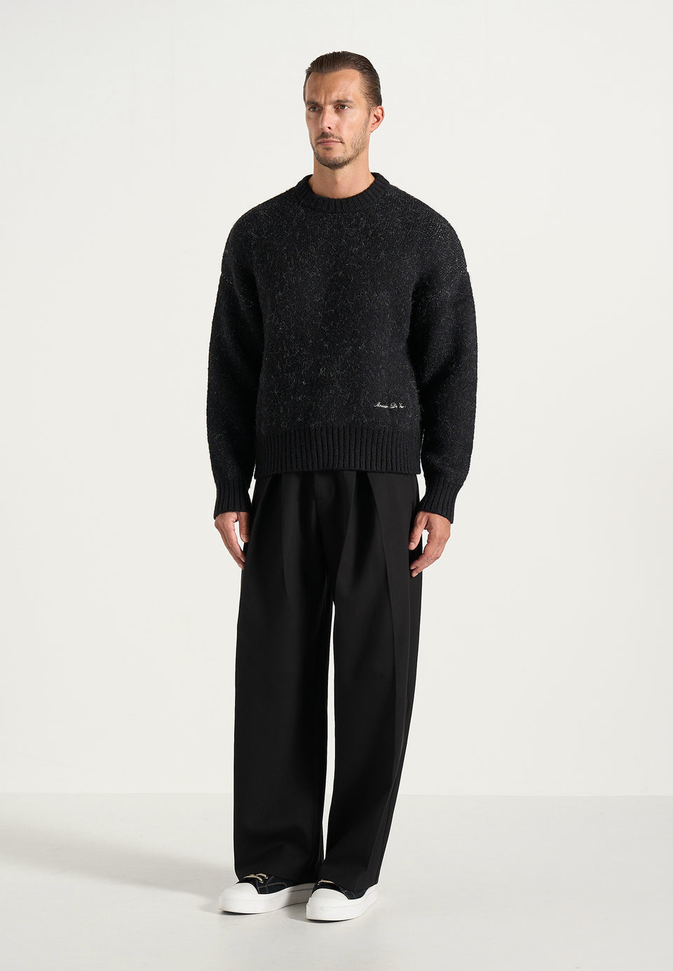 Kamil - Art Slogan Speckled Brushed Wool-Blend Knit Sweater - Black