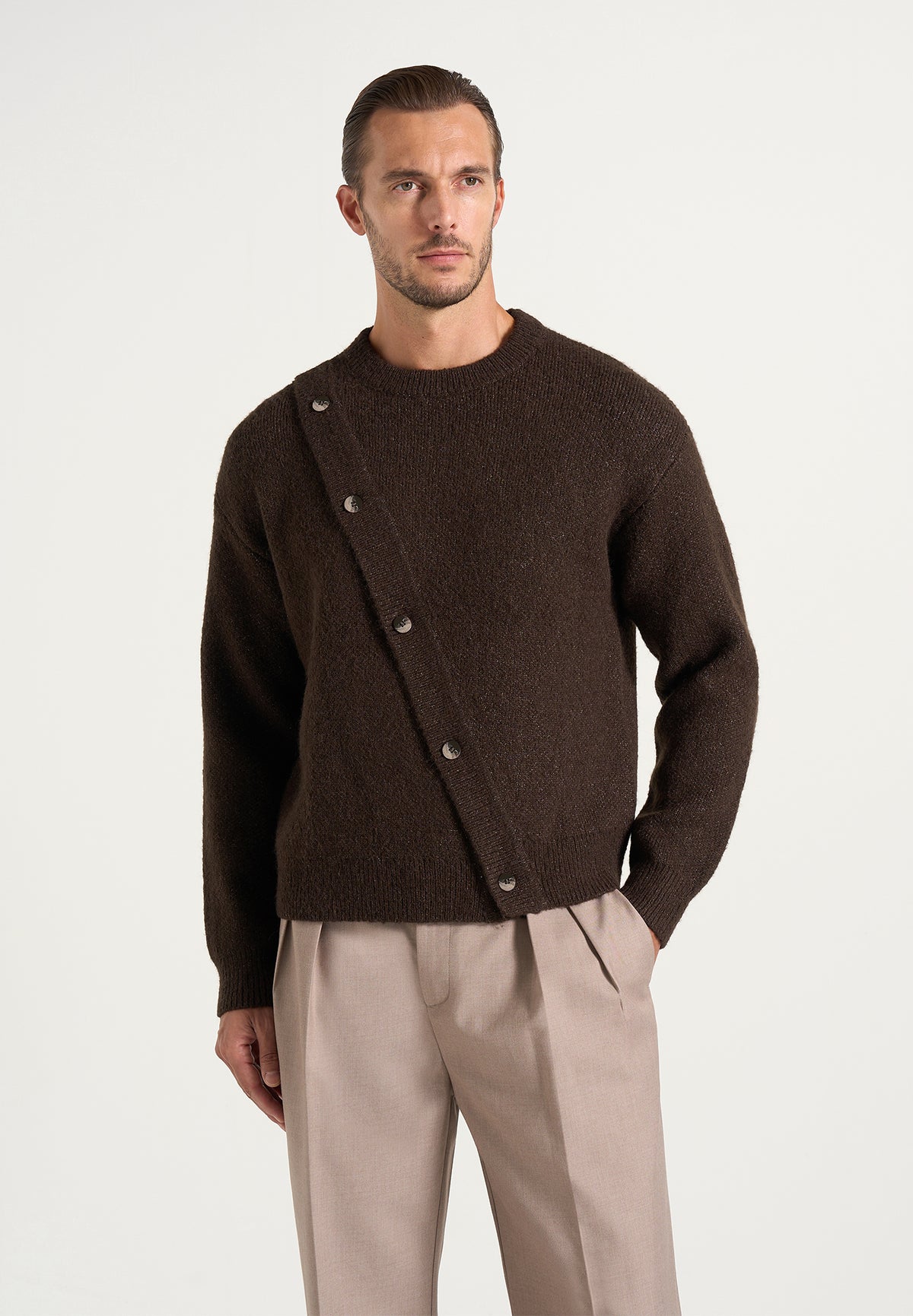 Theo - Asymmetric Brushed Wool-Blend Knit Sweater - Brown