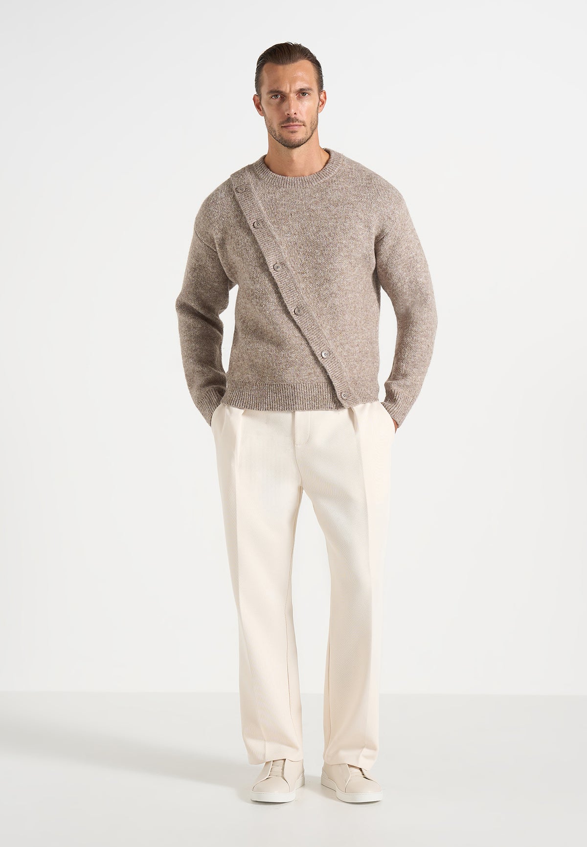Theo - Asymmetric Brushed Wool-Blend Knit Sweater - Taupe