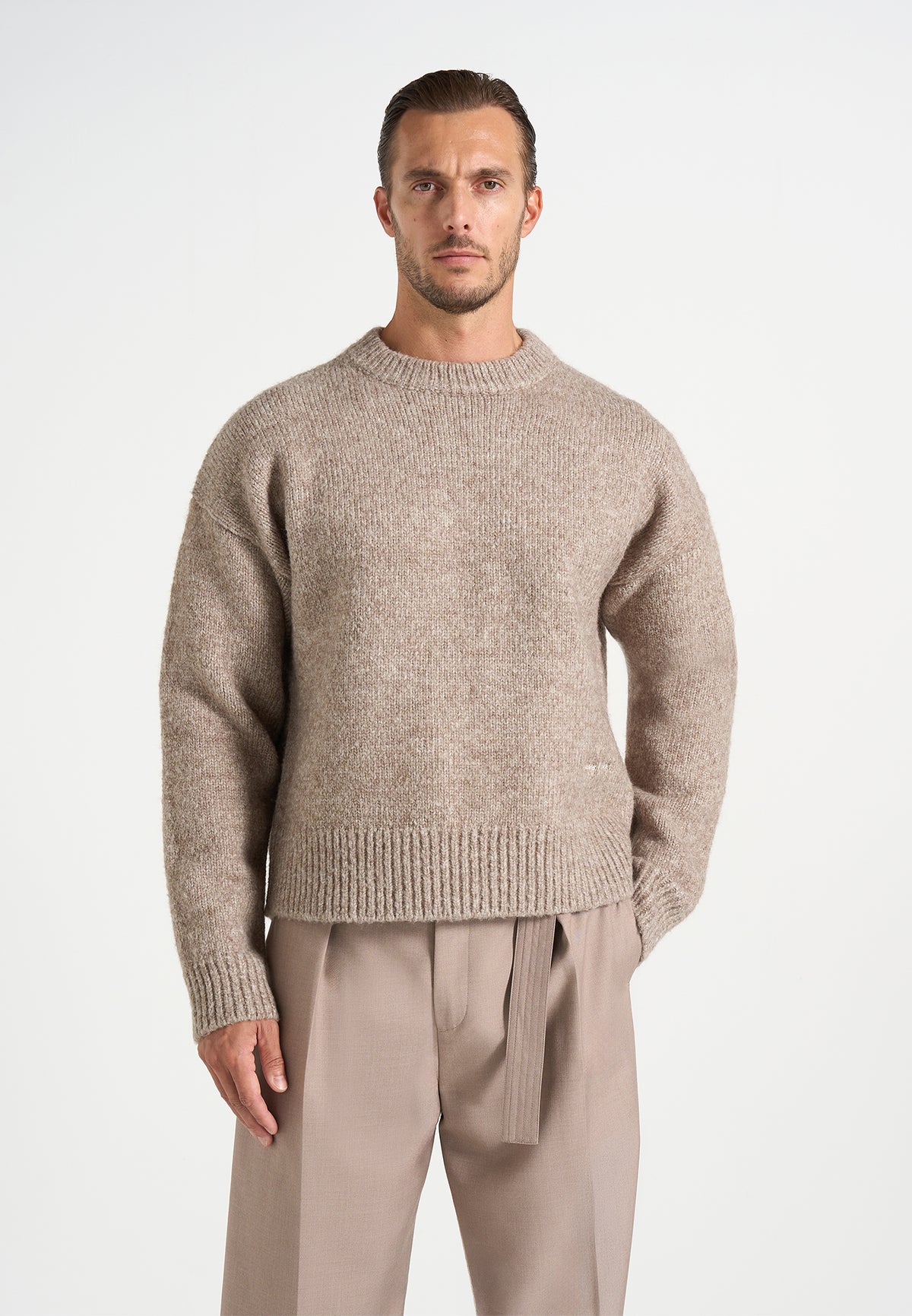 KW001 - Brushed Wool-Blend Knit Signature Sweater - Beige