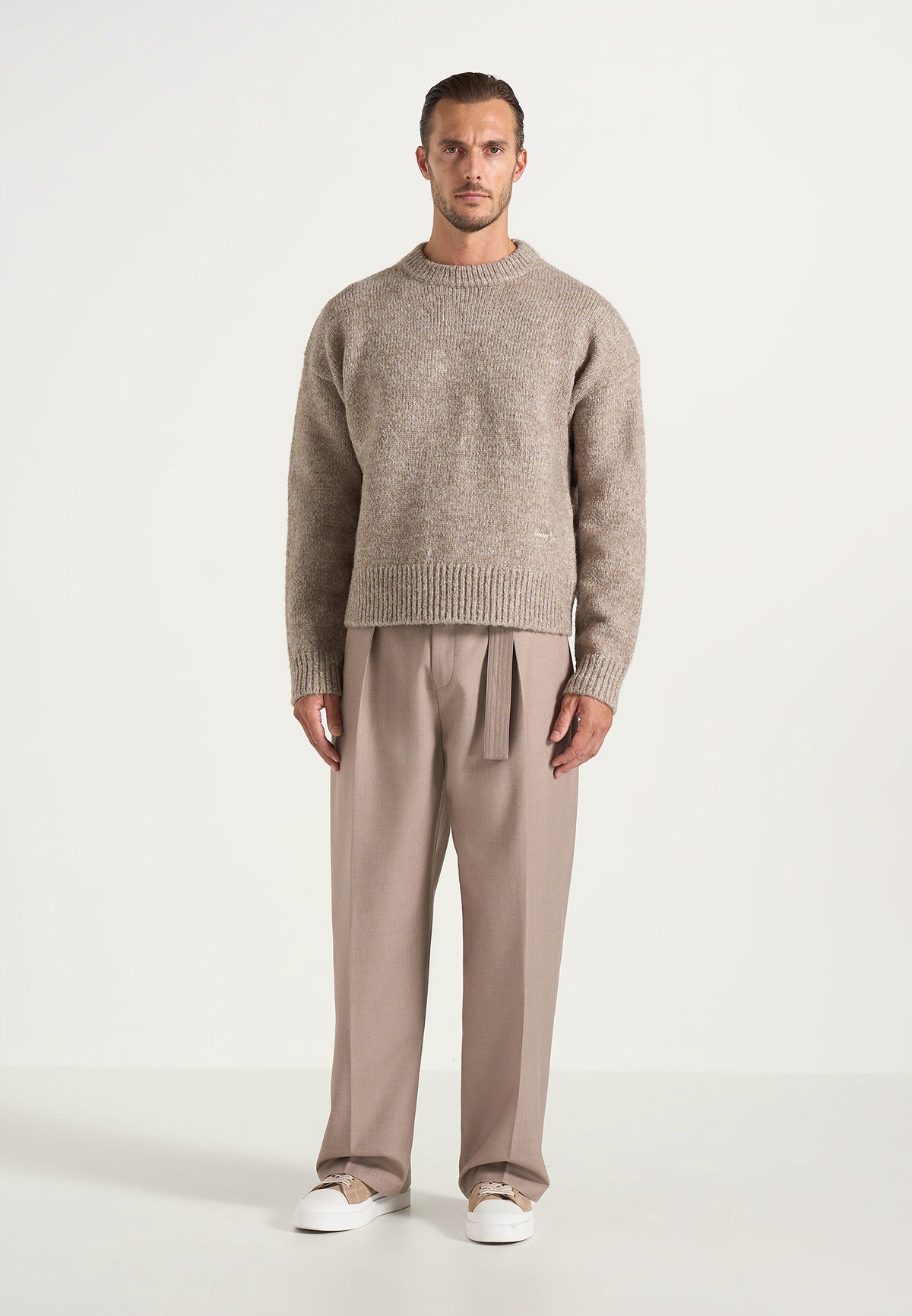 KW001 - Brushed Wool-Blend Knit Signature Sweater - Beige