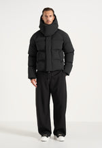 Bradley - Unisex Cropped Raglan Wrap Neck Puffer Jacket - Black