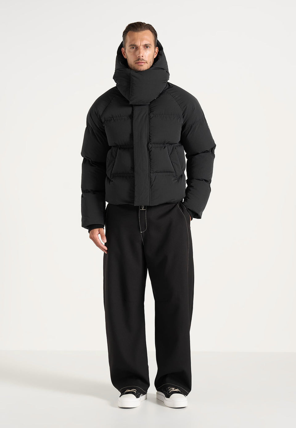 Bradley - Unisex Cropped Raglan Wrap Neck Puffer Jacket - Black