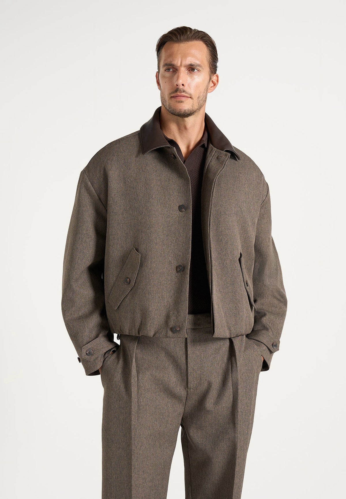 Cameron - Unisex Oversized Textured Tailored Bomber Jacket - Taupe