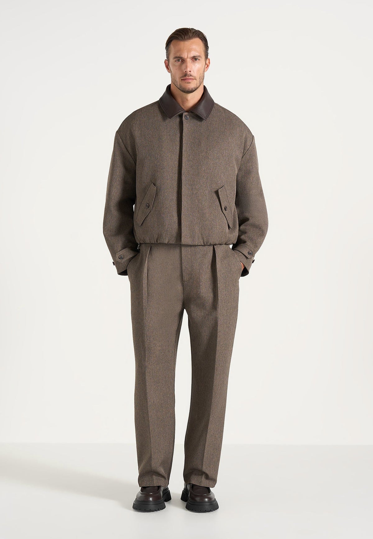 Cameron - Unisex Oversized Textured Tailored Bomber Jacket - Taupe