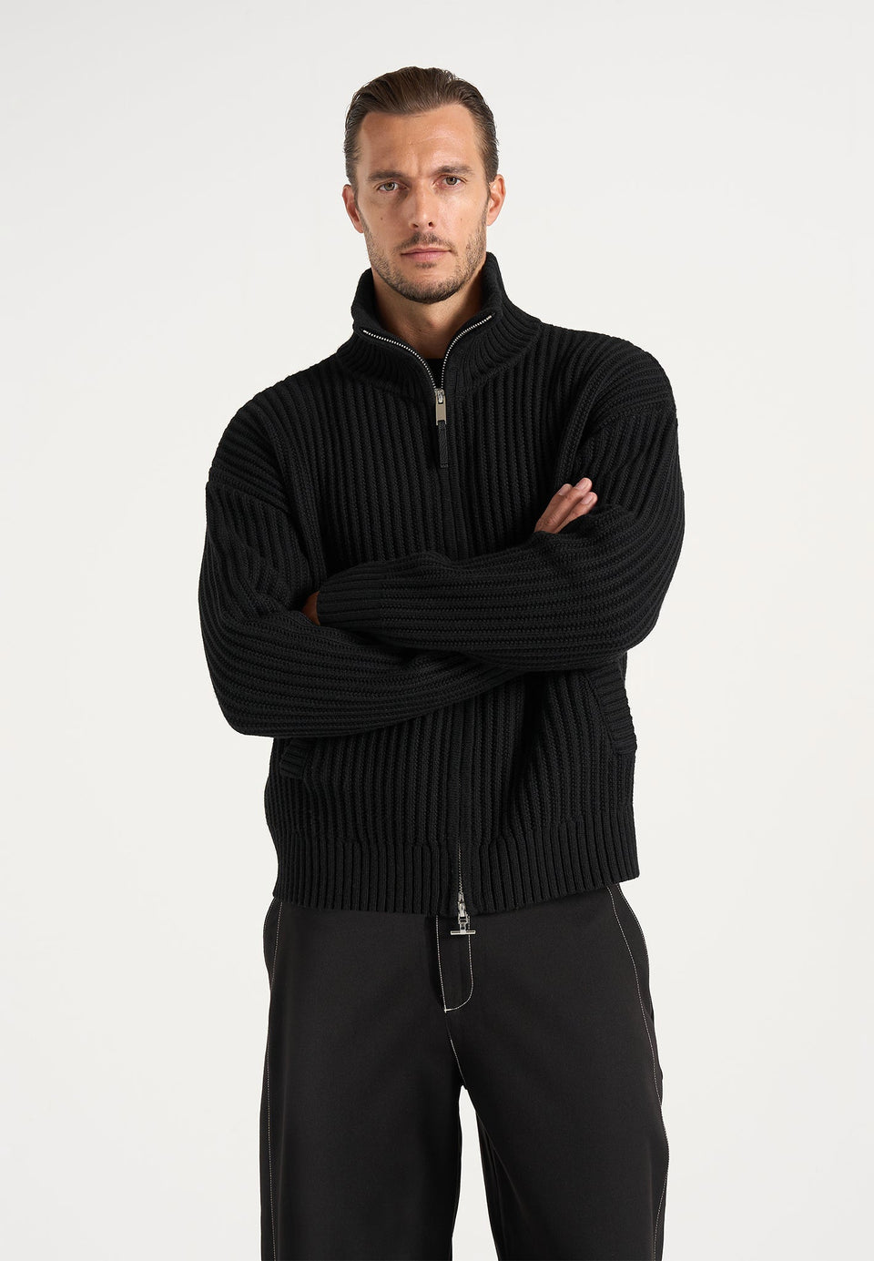 Kyle - Unisex Applique Detail Ribbed Knit Jacket - Black