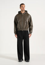Jude - Unisex Leather Zip-Through Hooded Jacket - Olive