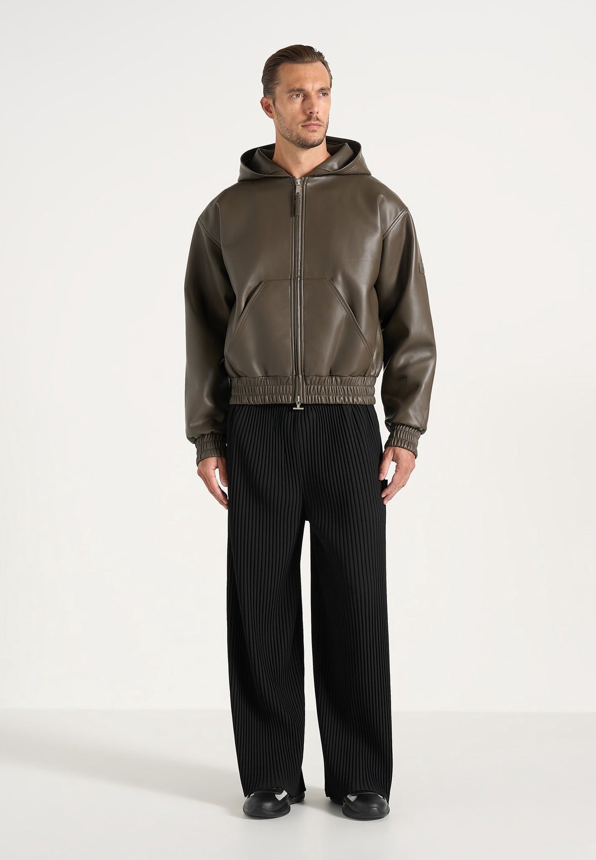 Jude - Unisex Leather Zip-Through Hooded Jacket - Olive