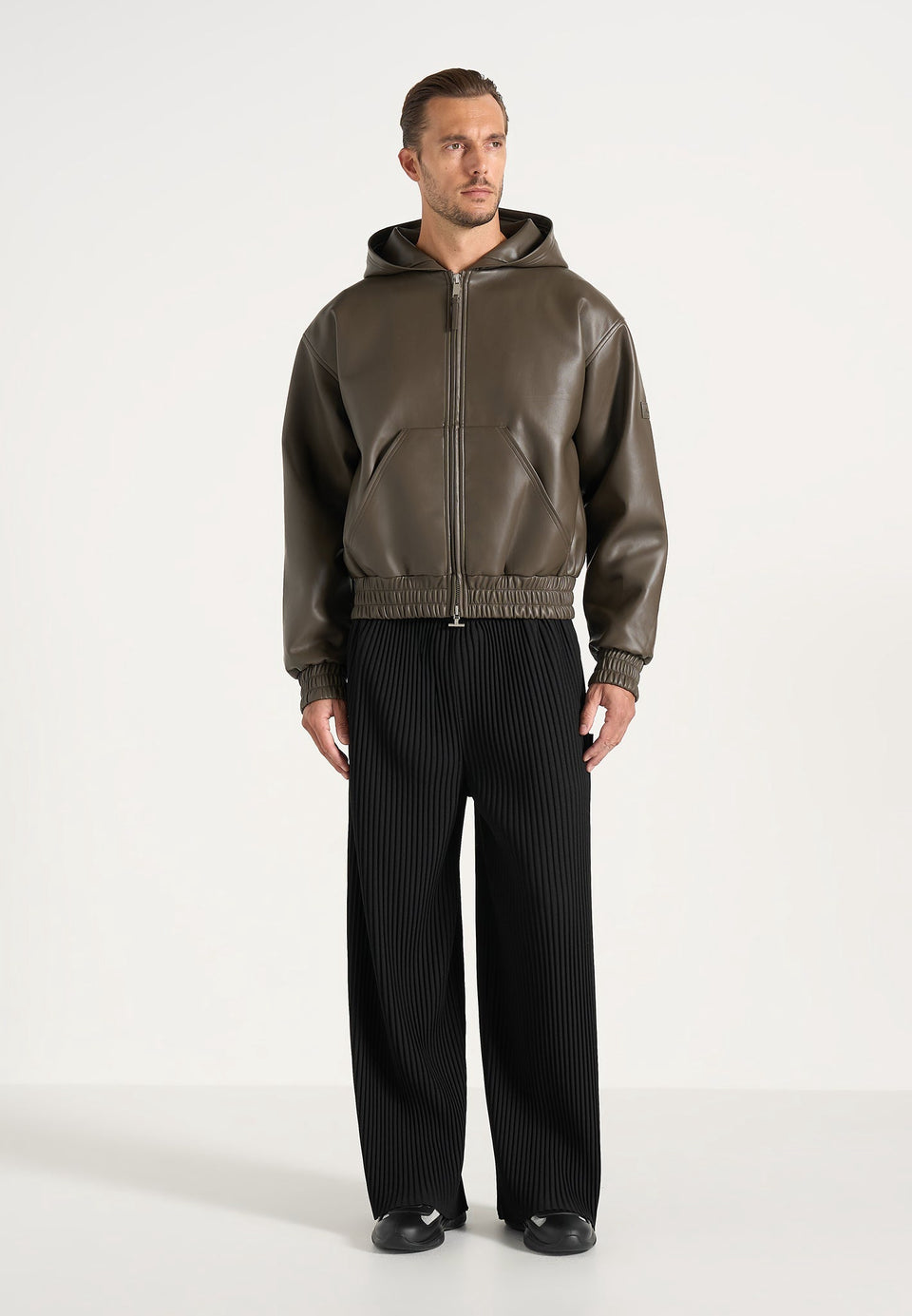 Jude - Unisex Leather Zip-Through Hooded Jacket - Olive