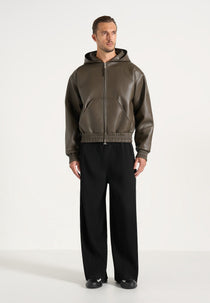 Jude - Unisex Leather Zip-Through Hooded Jacket - Olive