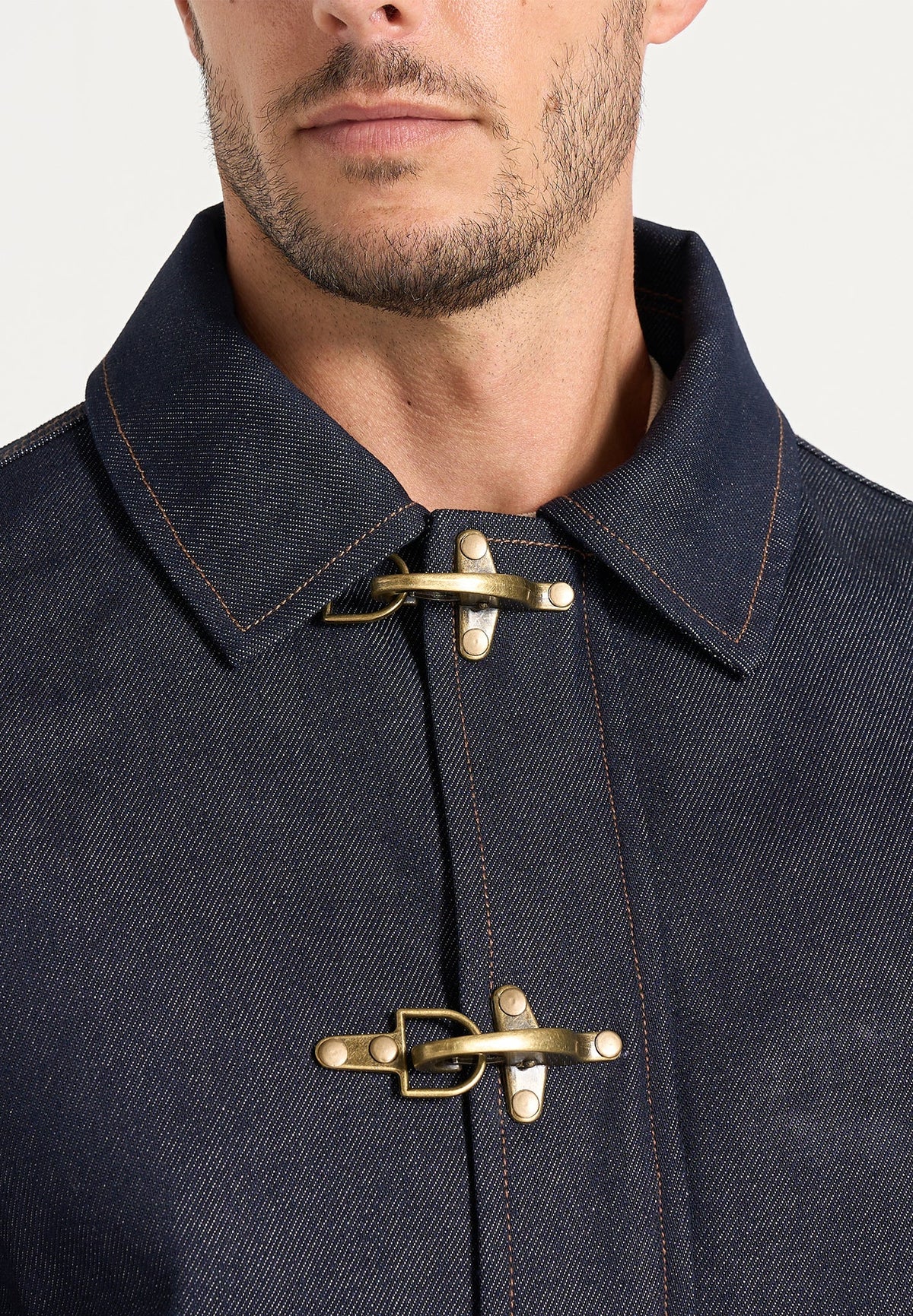 Nino - Unisex Clasp Detail Contrast Stitch Denim Jacket - Indigo