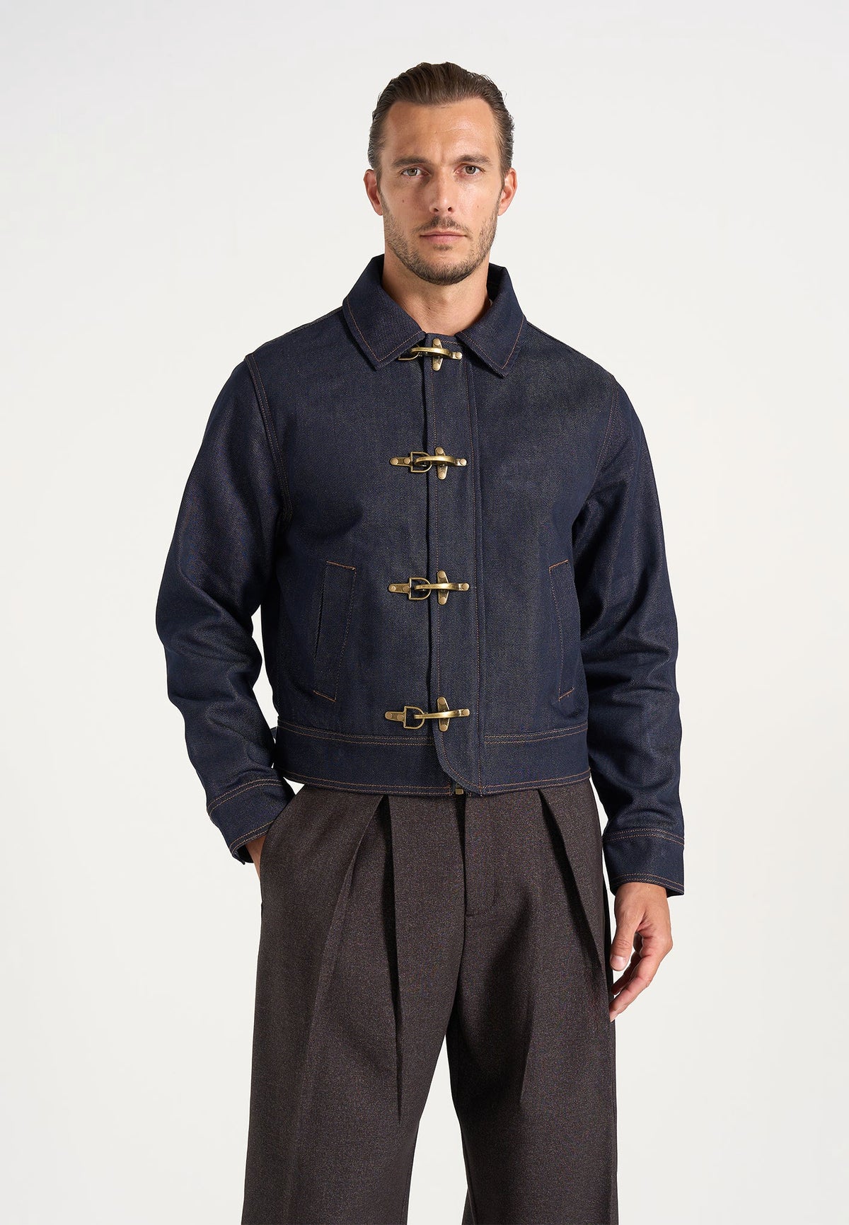 Nino - Unisex Clasp Detail Contrast Stitch Denim Jacket - Indigo