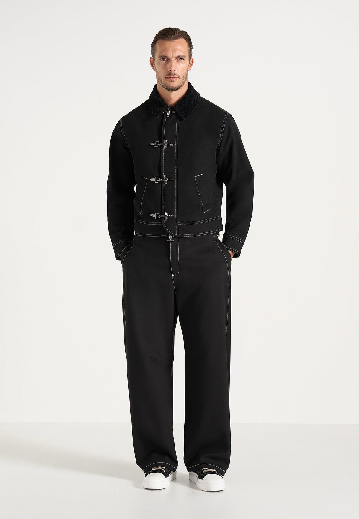 Nino - Unisex Clasp Detail Contrast Stitch Gabardine Jacket - Black